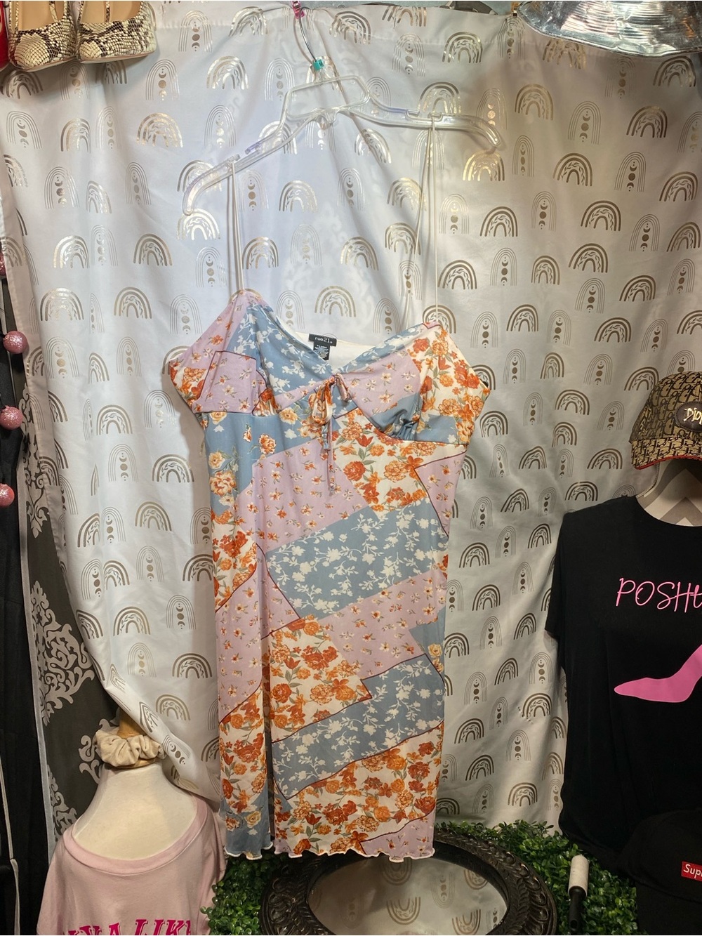 Floral Patchwork Midi Slip Dress - Pink & Blue
